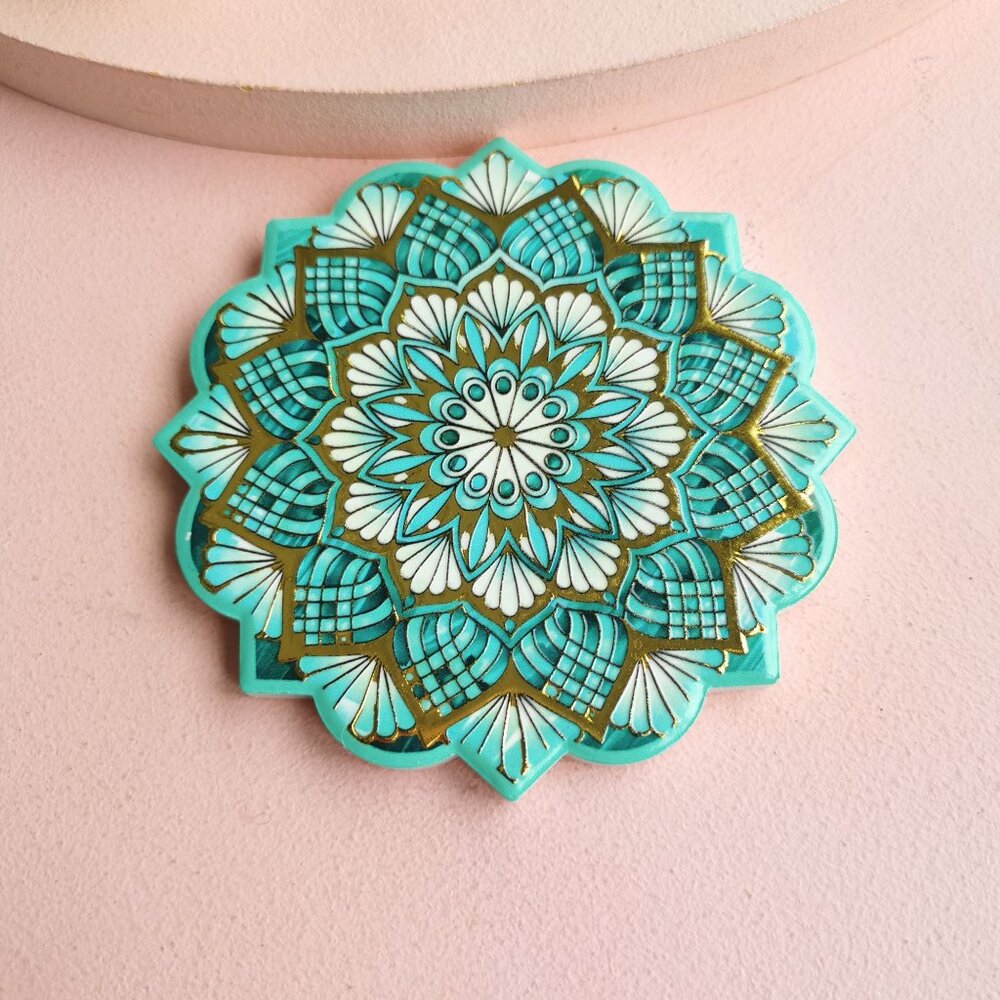 Peacock Teal Gold Mandala Coaster